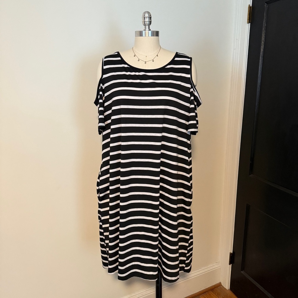 Black and White Striped Cold Shoulder Dress